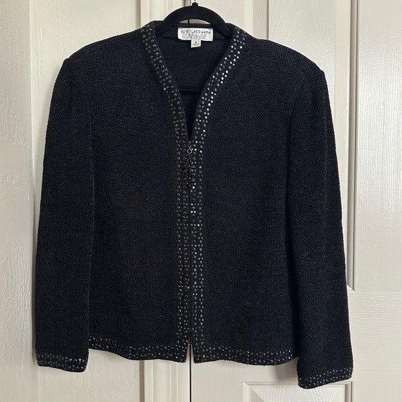 Vintage St. John Evening Marie Gray Black Knit Sequin Jacket - Size 16 Fall 2005
